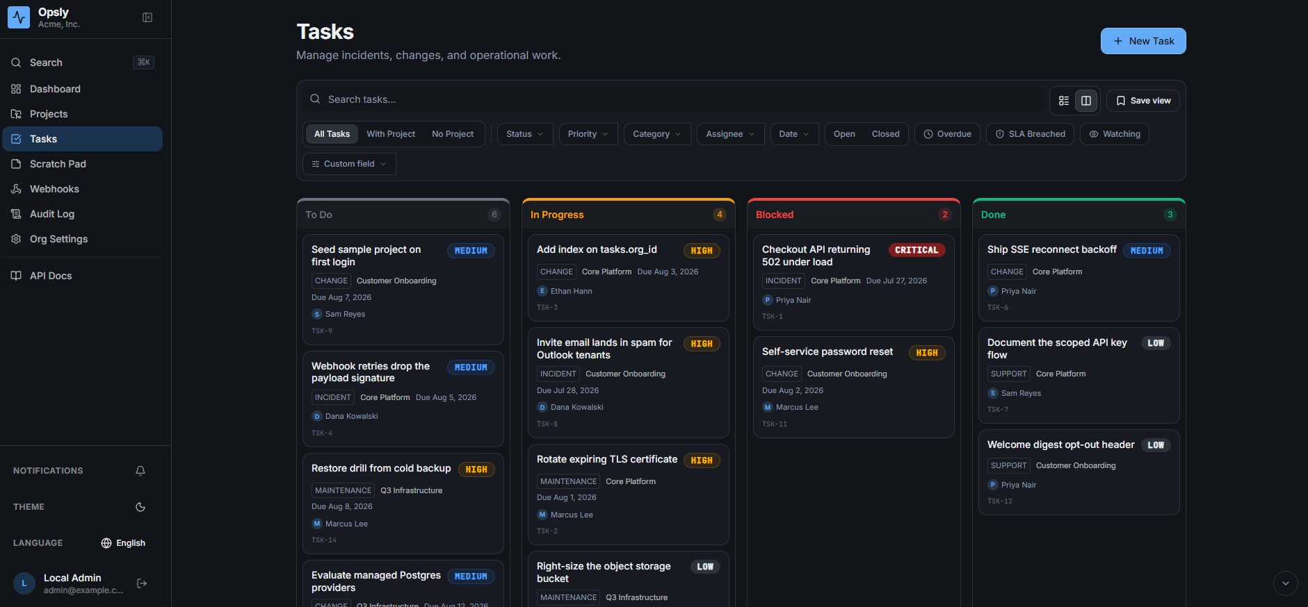 Opsly tasks page in dark mode, Kanban view with filter controls above the stage columns