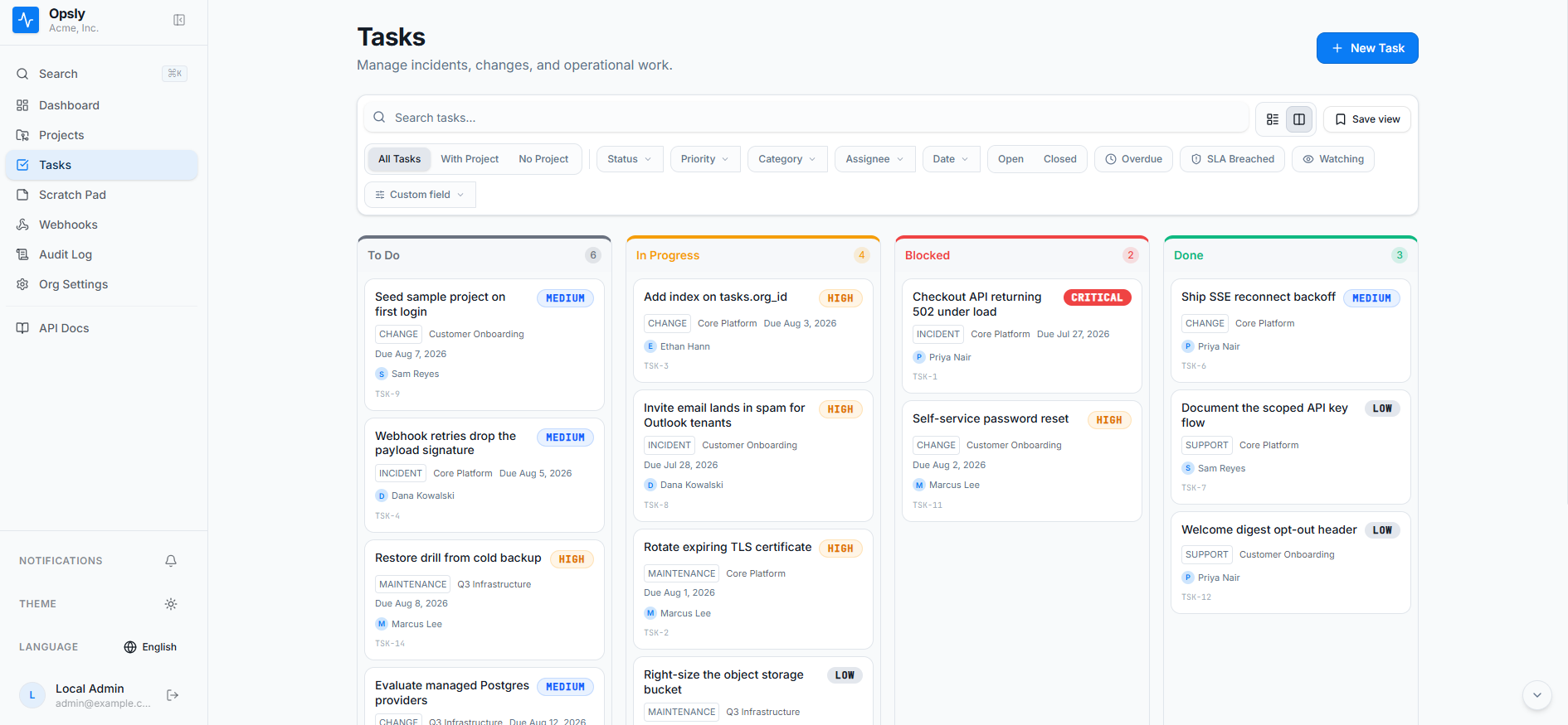 Opsly tasks page in Kanban view with filters for status, priority, category, assignee, date, overdue and SLA breached, above To Do, In Progress, Blocked and Done columns