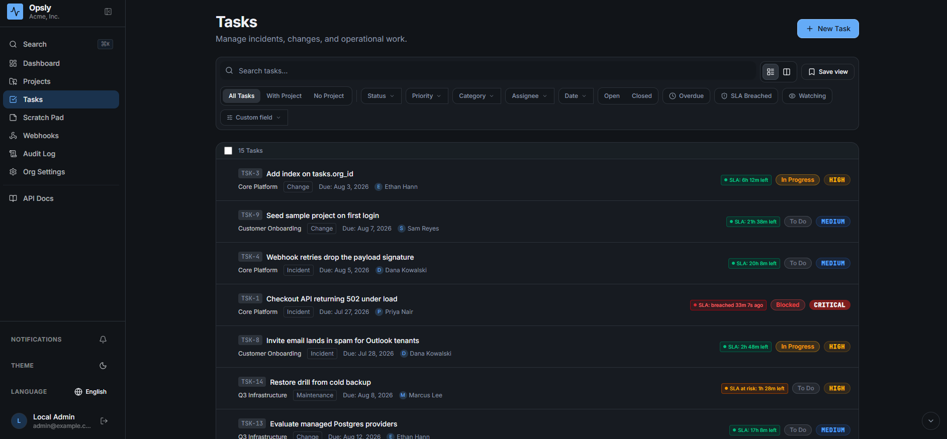 Opsly tasks list view in dark mode with live SLA badges on each row