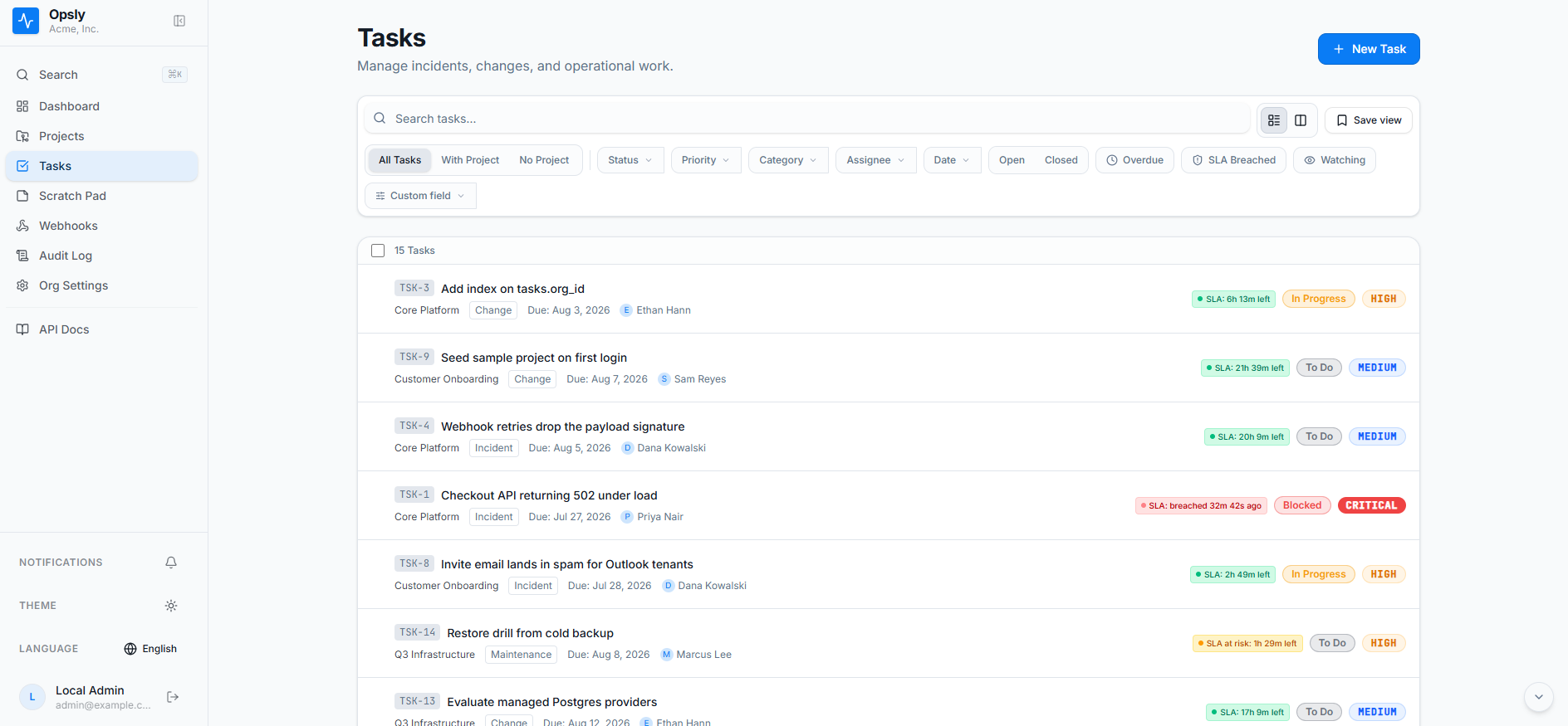 Opsly tasks list view where each row shows a live SLA badge such as 6 hours 13 minutes left, at risk, or breached 32 minutes ago, alongside stage and priority