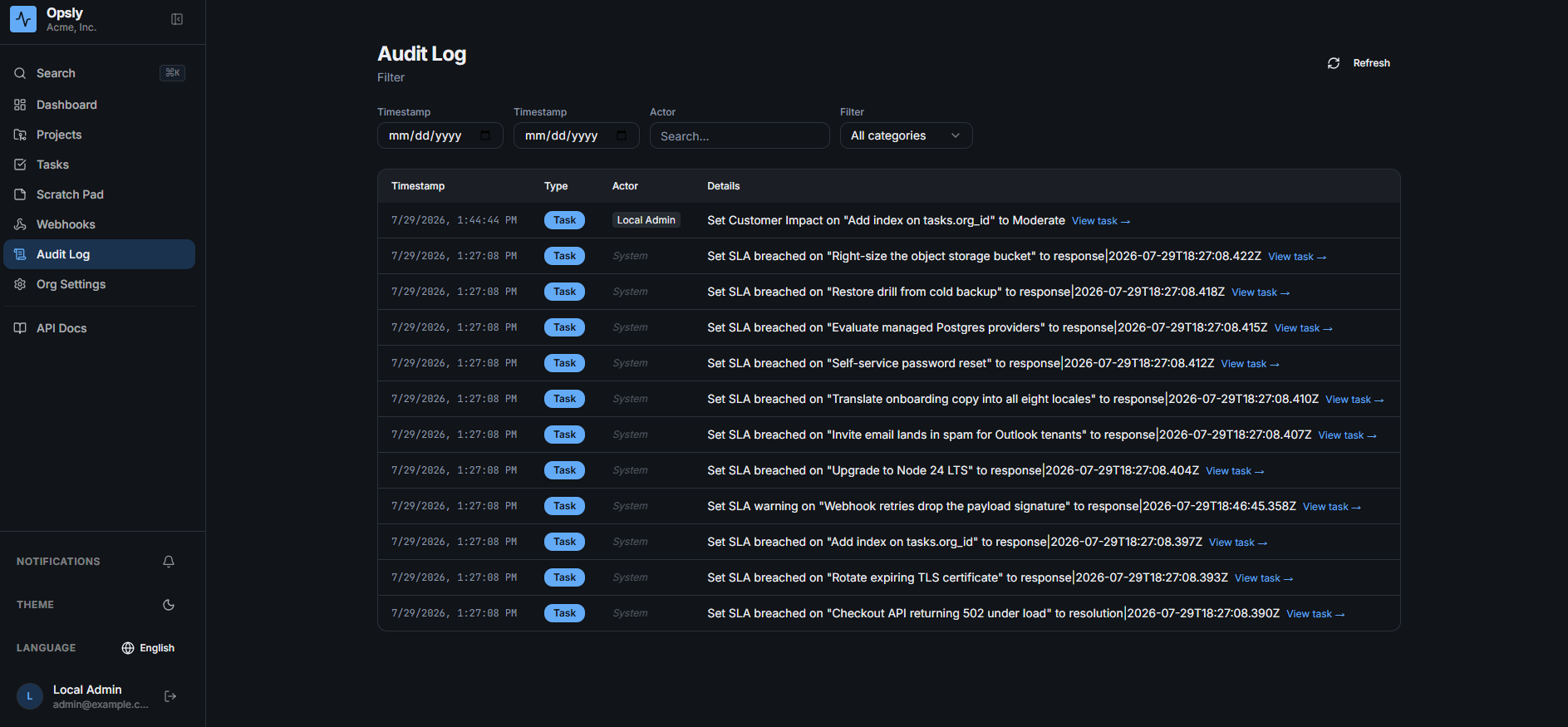 Opsly audit log in dark mode listing user and system entries with filters above