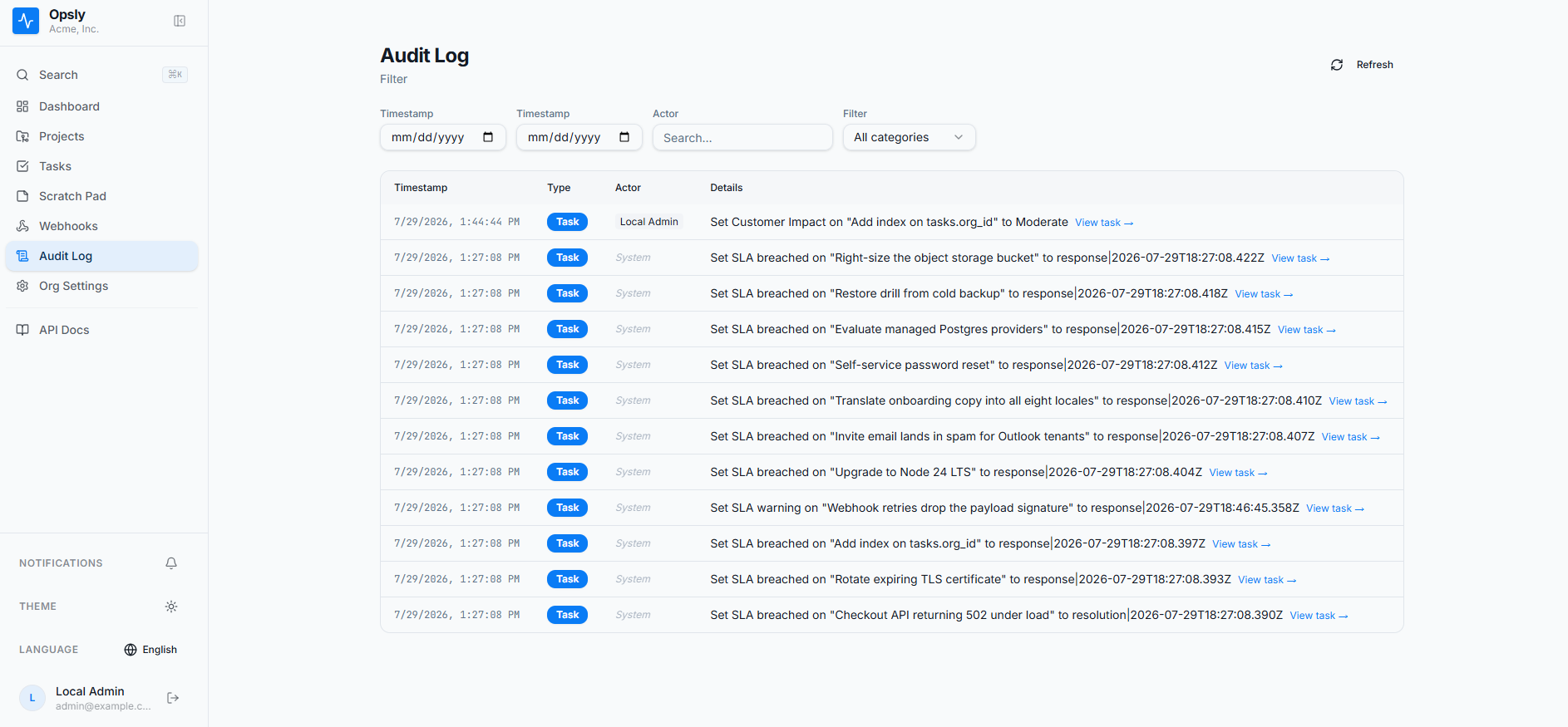 Opsly audit log filtered by timestamp, actor and category, listing entries from a local admin alongside system-generated SLA breach and warning records