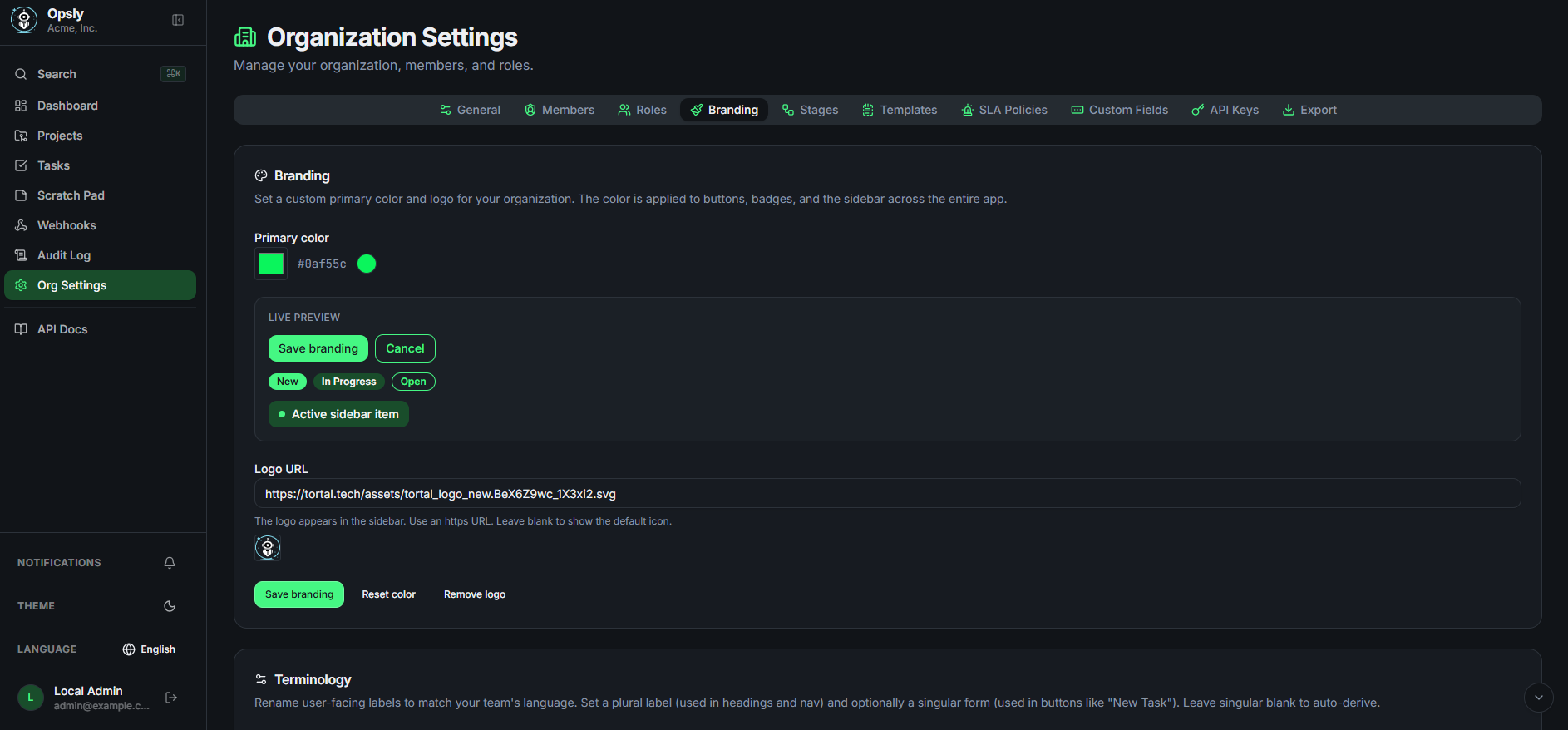 Opsly organization settings Branding tab in dark mode with a custom primary color and live preview