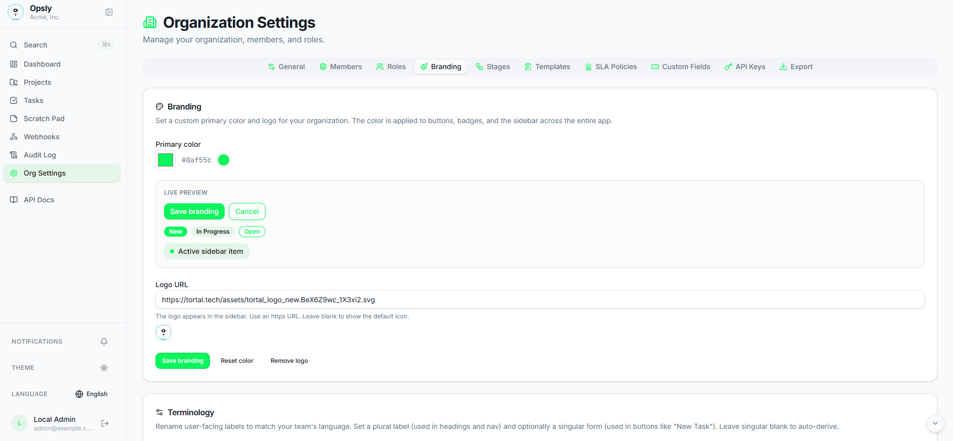 Opsly organization settings on the Branding tab with a green primary color applied to a live preview of buttons, badges and the sidebar, a logo URL field, and the terminology section below