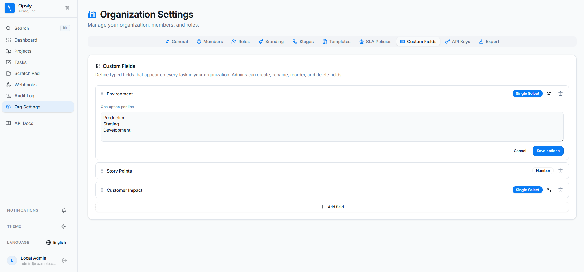 Opsly organization settings on the Custom Fields tab showing an Environment single select with Production, Staging and Development options, plus Story Points as a number field