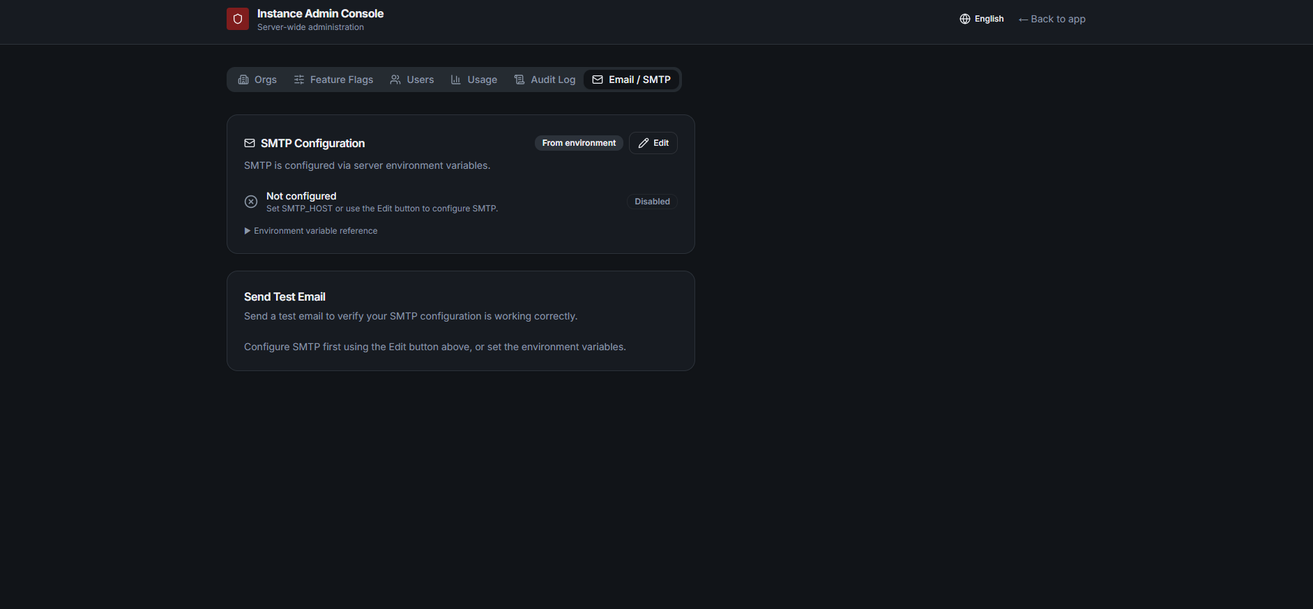 Opsly instance admin Email and SMTP tab in dark mode with SMTP configuration and a send test email panel