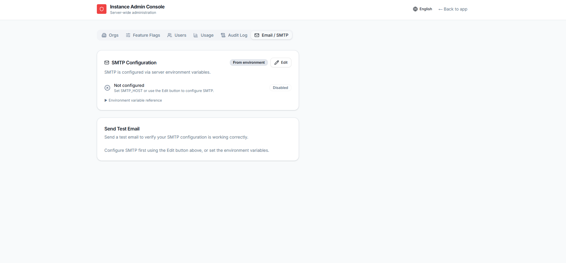 Opsly instance admin Email and SMTP tab with an SMTP configuration card sourced from the environment, a not-configured status, and a send test email panel