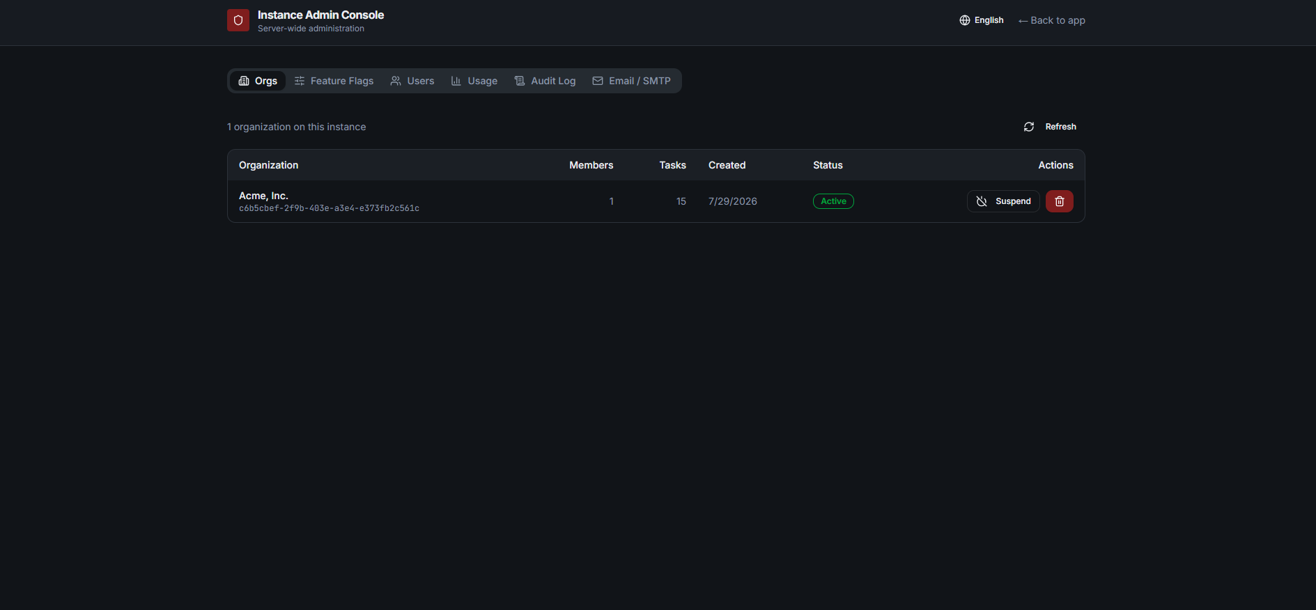 Opsly instance admin console Orgs tab in dark mode, listing organizations with member and task counts, status and actions