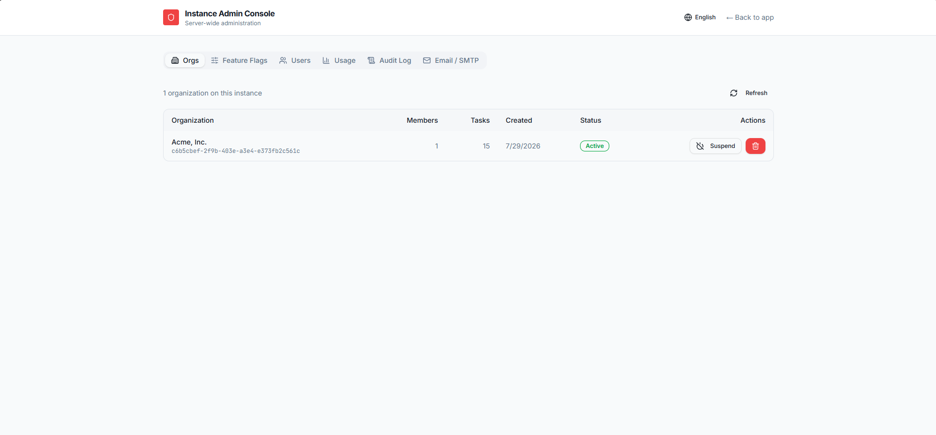 Opsly instance admin console on the Orgs tab, listing every organization on the server with member and task counts, creation date, an Active status, and suspend and delete actions