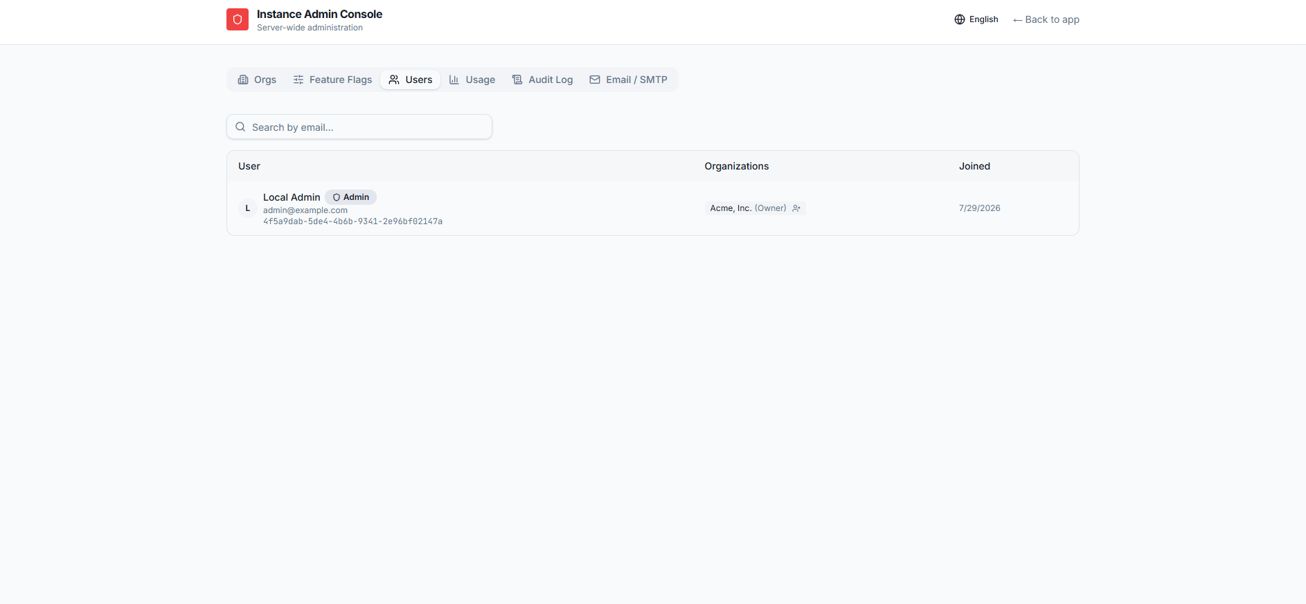 Opsly instance admin Users tab with a search-by-email box and a table listing each user, their organizations and role, and the date they joined