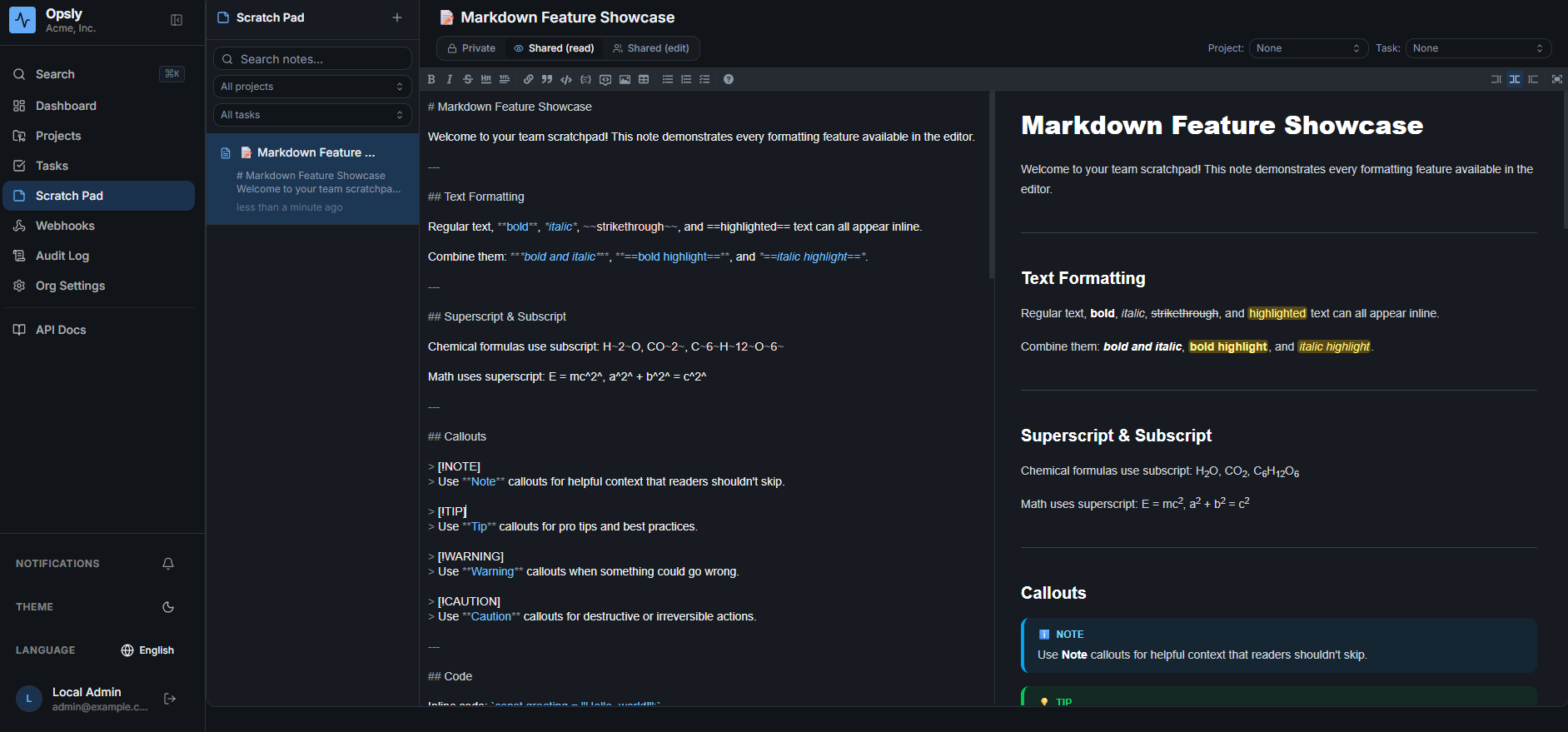 Opsly scratch pad in dark mode with Markdown source beside a rendered live preview