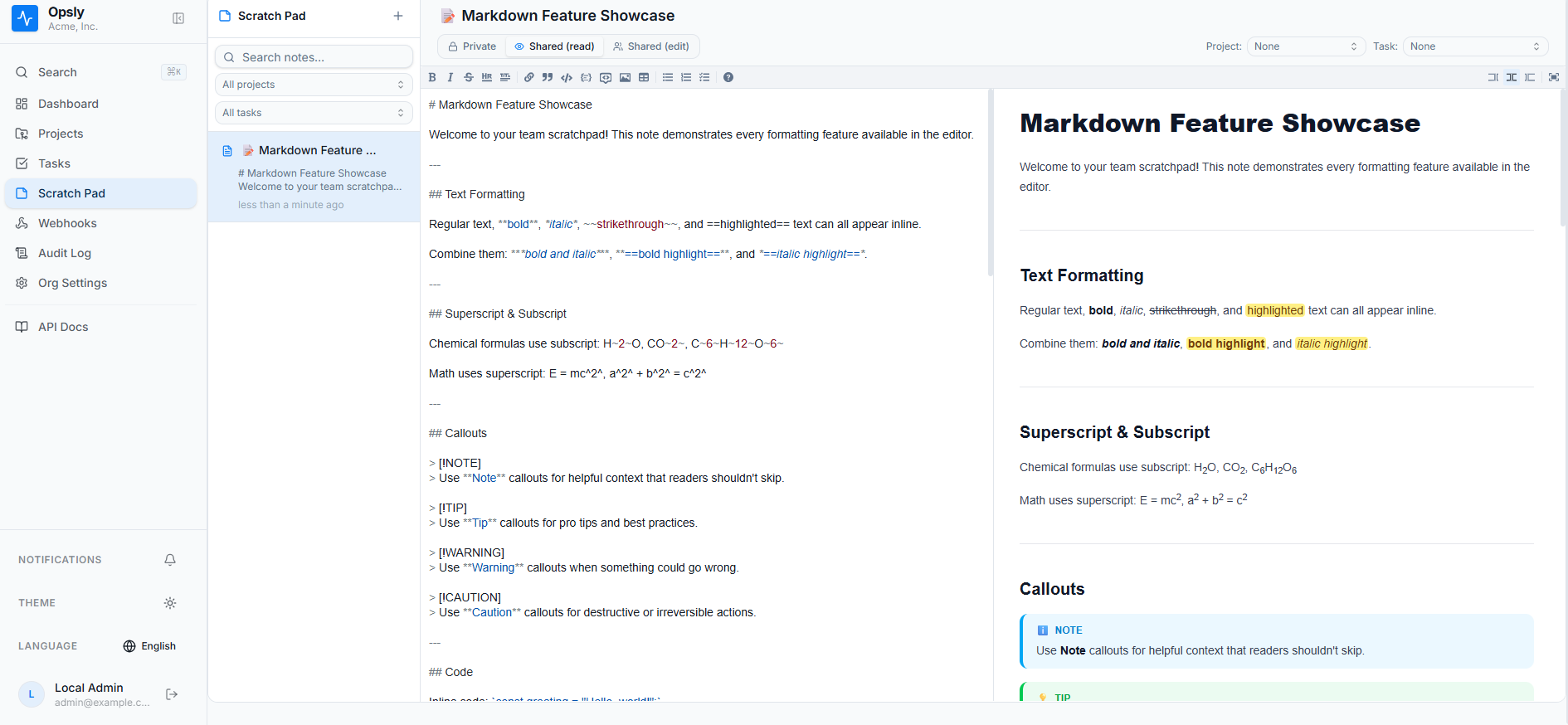 Opsly scratch pad with a Markdown source pane on the left and a rendered preview on the right showing formatted text, superscript, subscript and note callouts