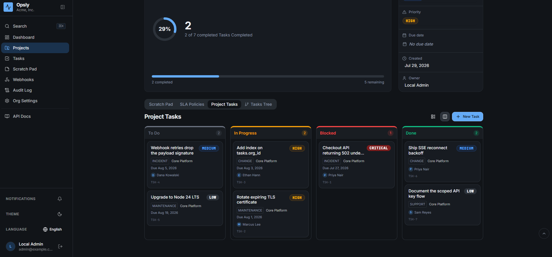 Opsly project detail page in dark mode showing a completion ring and a Kanban board scoped to the project