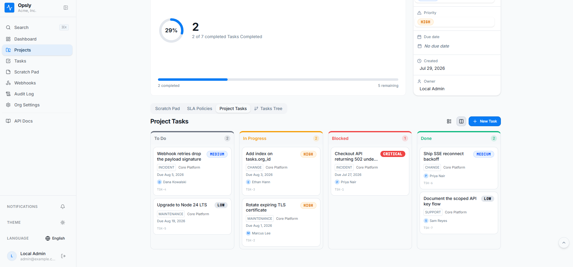 Opsly project detail page showing a 29 percent completion ring, two of seven tasks completed, and a Kanban board scoped to the project