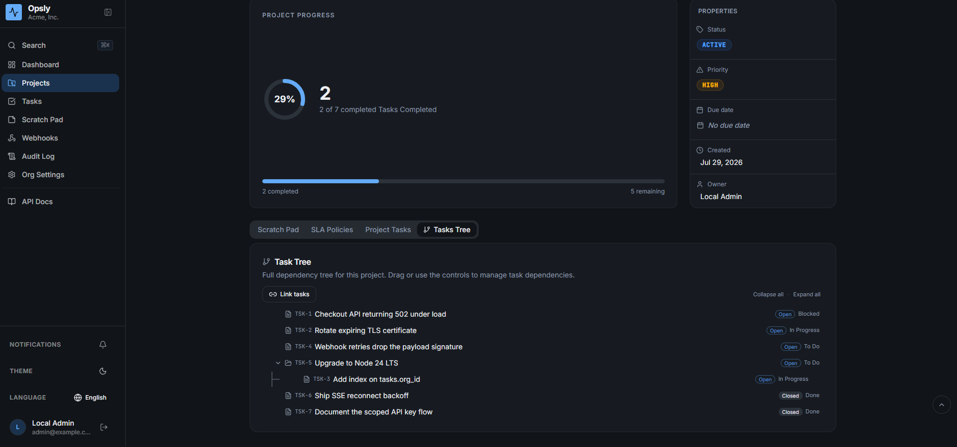 Opsly project task tree in dark mode showing a nested dependency hierarchy