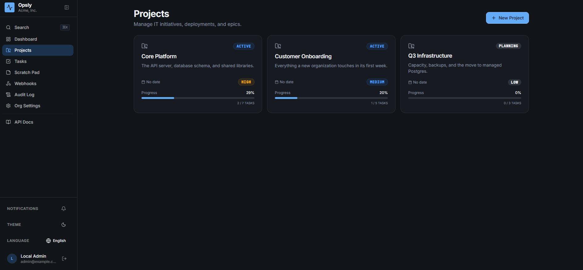 Opsly projects page in dark mode with cards for Core Platform, Customer Onboarding and Q3 Infrastructure, each showing status, priority and a progress bar