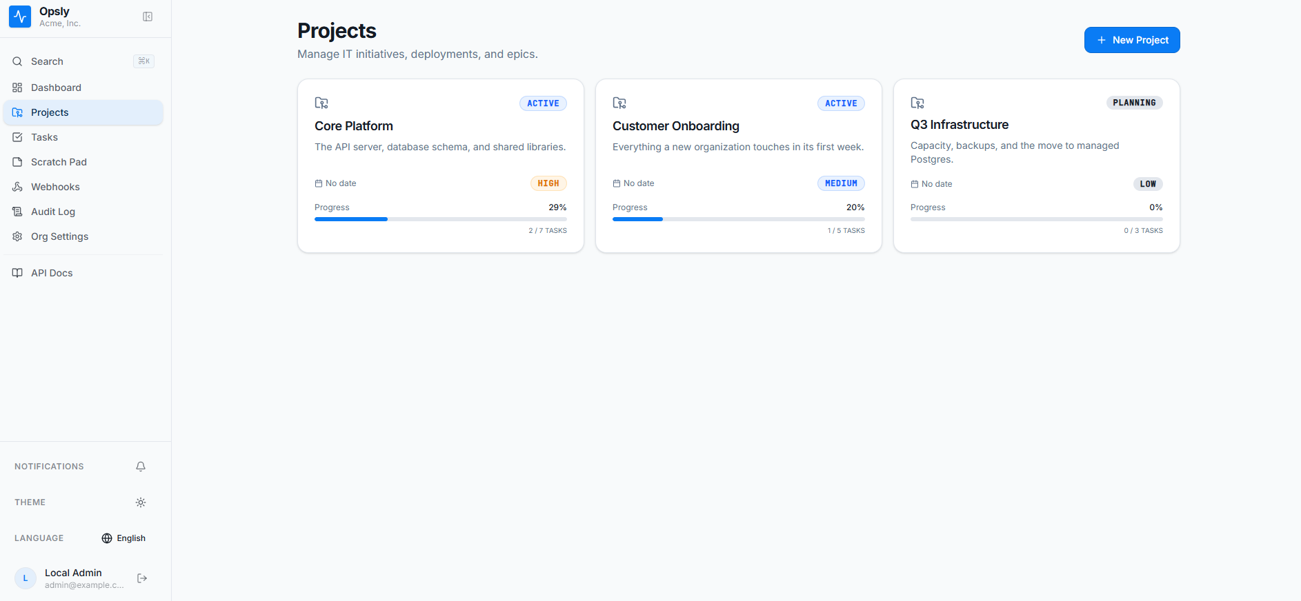 Opsly projects page with cards for Core Platform, Customer Onboarding and Q3 Infrastructure, each showing status, priority and a progress bar