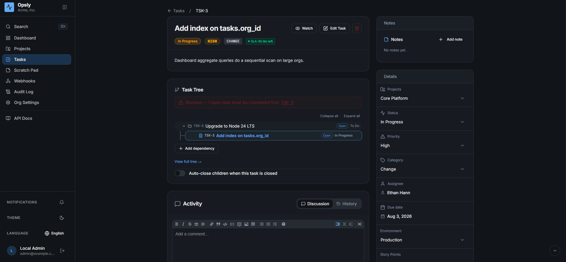 Opsly task detail page in dark mode with a blocked banner above the dependency tree