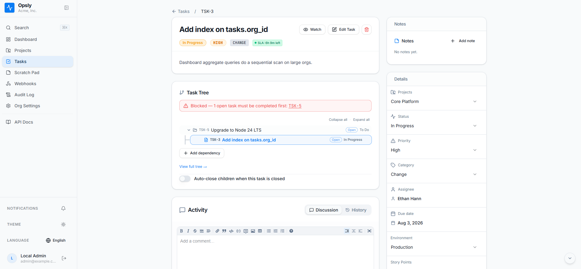Opsly task detail page with a red banner reading blocked, one open task must be completed first, above the dependency tree and an auto-close children toggle