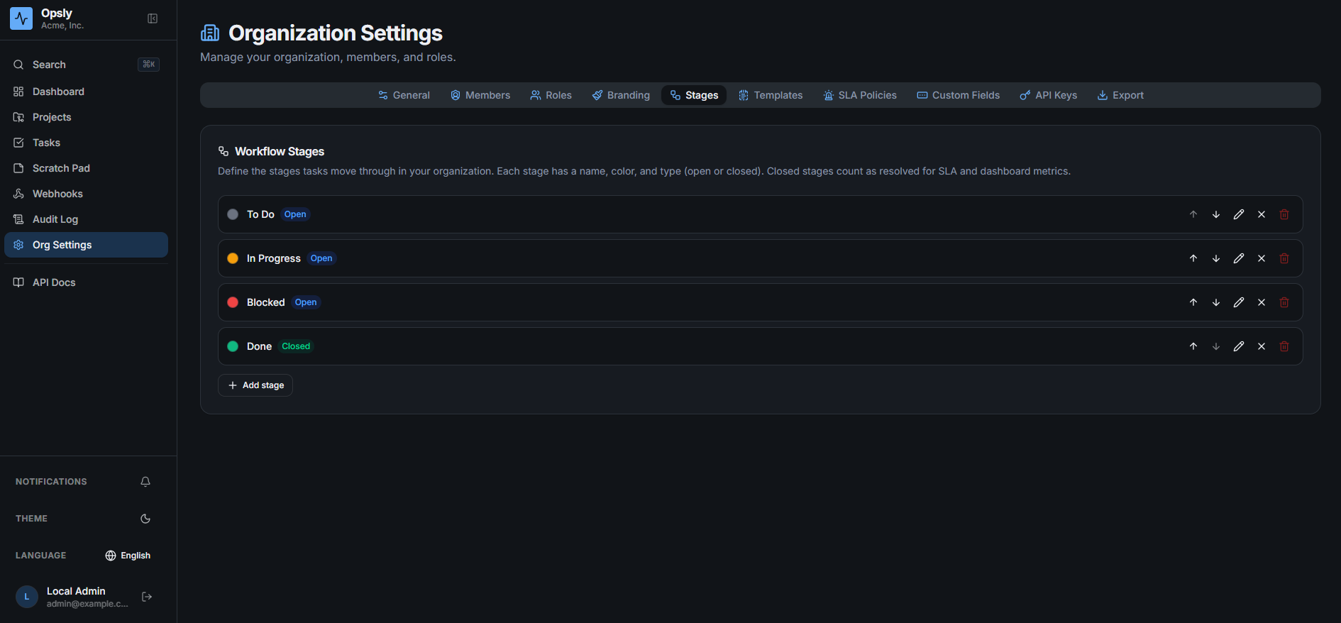 Opsly organization settings Stages tab in dark mode listing the four workflow stages