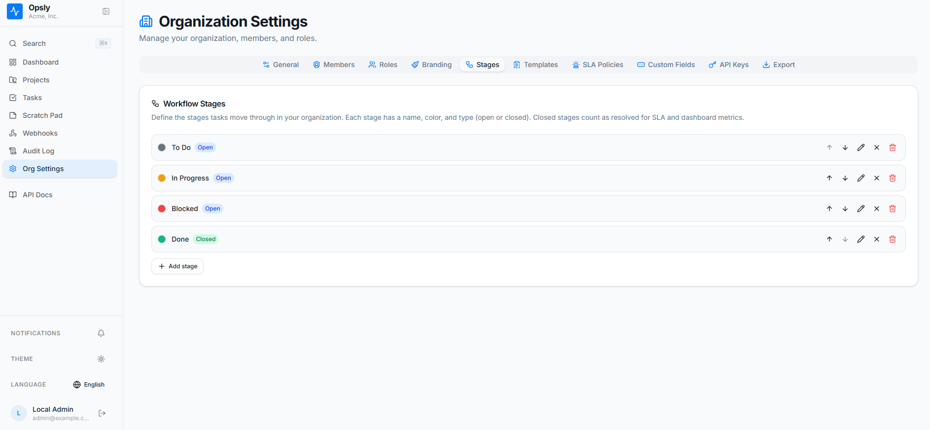 Opsly organization settings on the Stages tab, listing To Do, In Progress, Blocked and Done with their colors and open or closed types